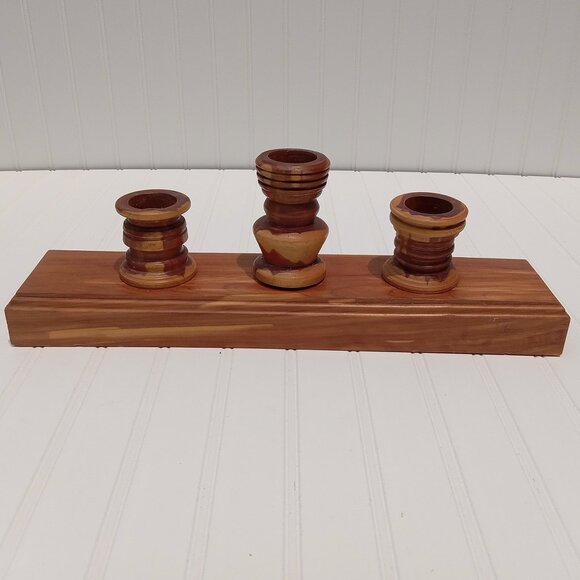 Block Cedar Wooden Candelabra Turned Wood Centerpiece Candle Holder Vintage - Picture 1 of 16